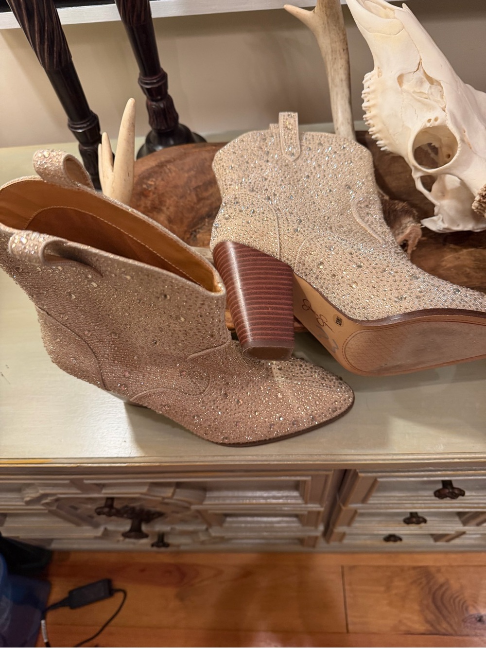 Jessica Simpson Beige Crystal Western Ankle Boots